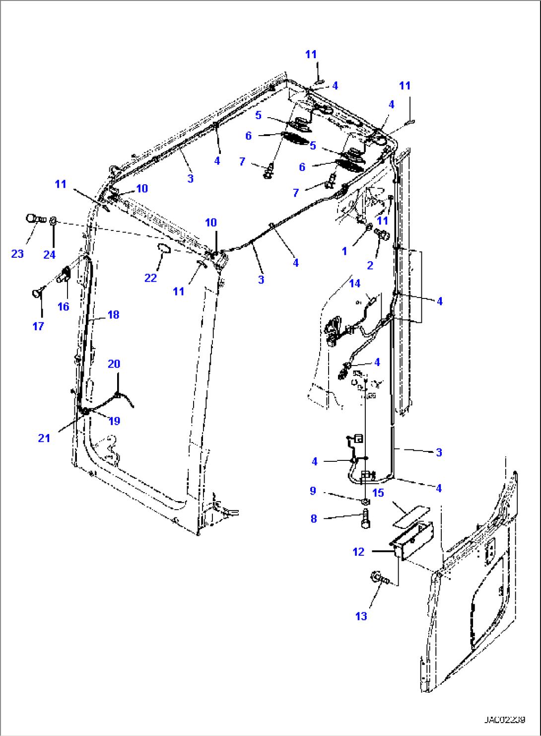 CAB, RADIO WIRE HARNESS AND WINDOW WASHER HOSE AND WORKING LAMP