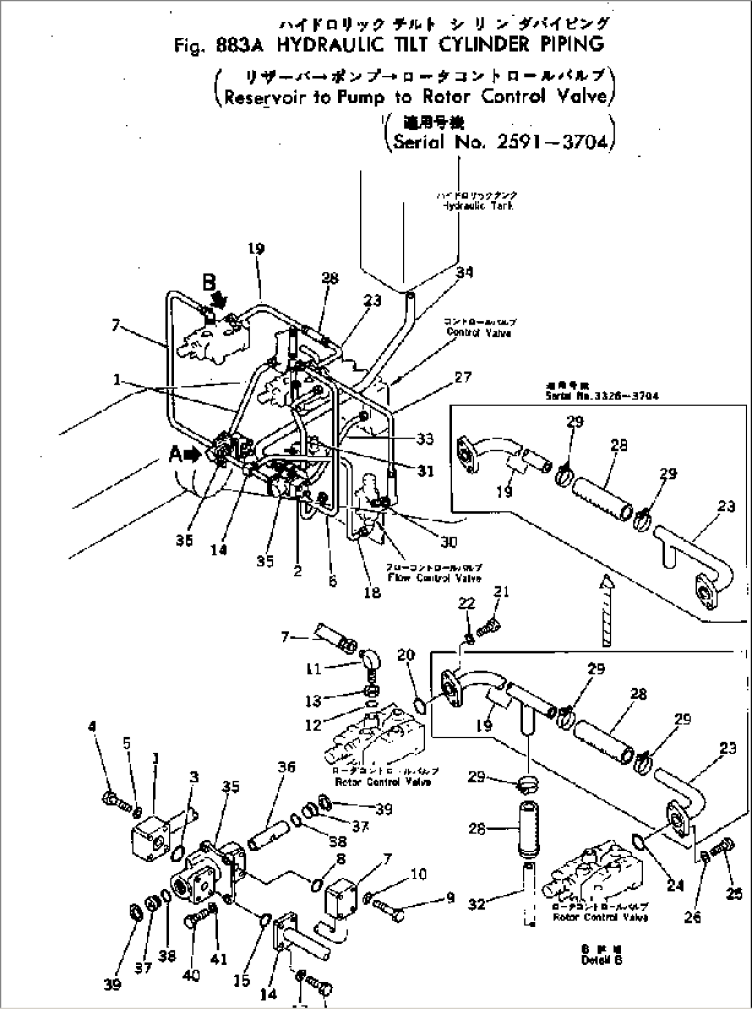 HYDRAULIC TILT CYLINDER PIPING (RESERVOIR TO PUMP TO ROTOR CONTROL VALVE)(#2591-3704)