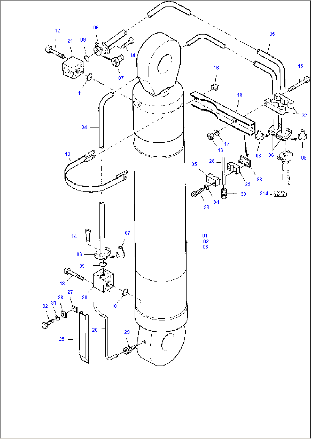 Bullclam Bucket Cylinder with Piping, R.H.