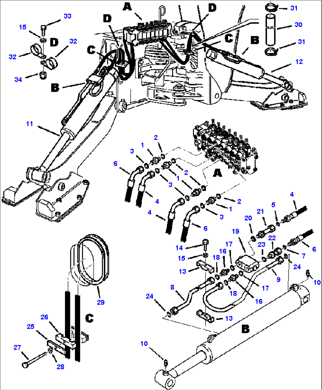FIG. H6700-01A6 BACKHOE PIPING - OUTRIGGER CYLINDER LINES