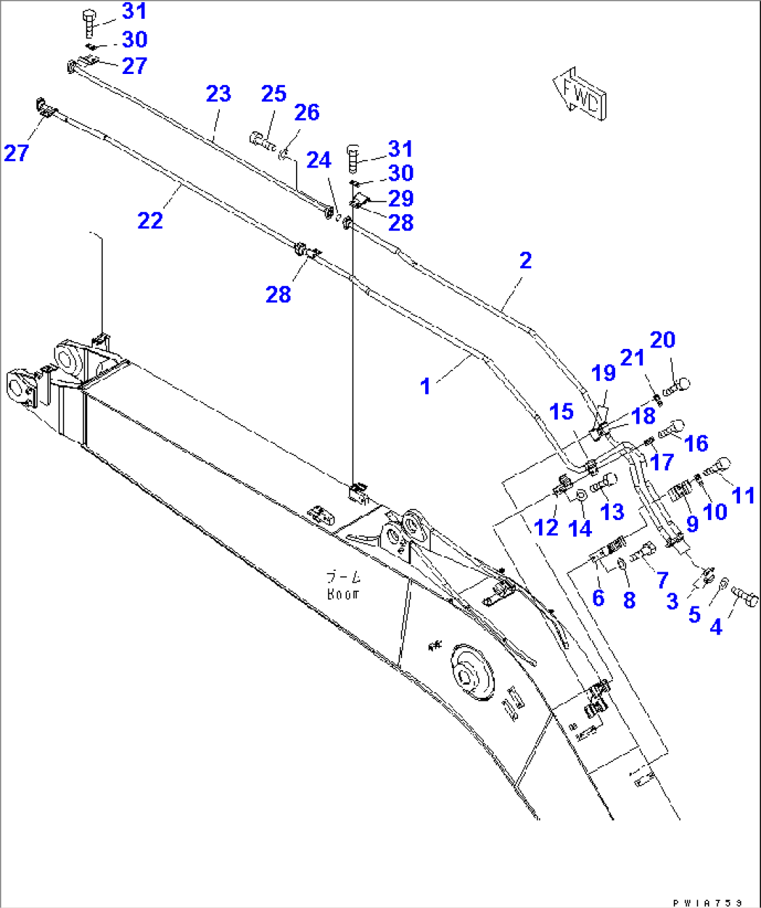 BOOM (5.7M) (BUCKET CYLINDER LINE) (YELLOW)(#20001-)