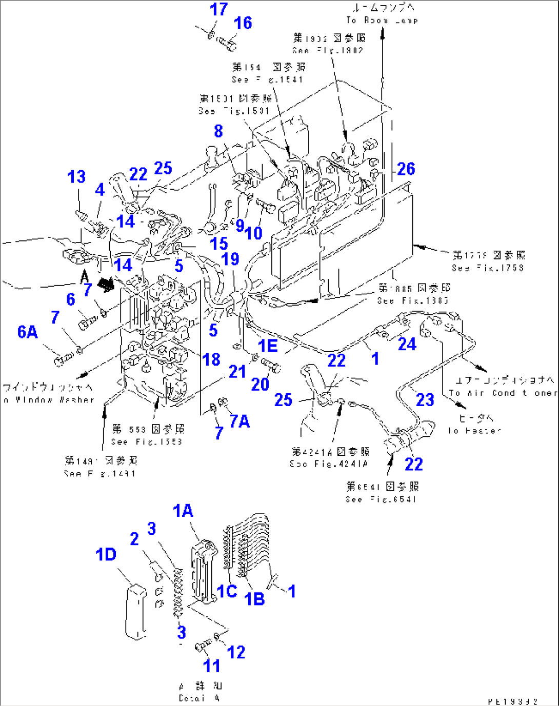 WIRING IN CAB (FOR PANEL STAND) (FOR WRIST CONTROL) (FOR ADDITIONAL WORK LAMP ON CAB)