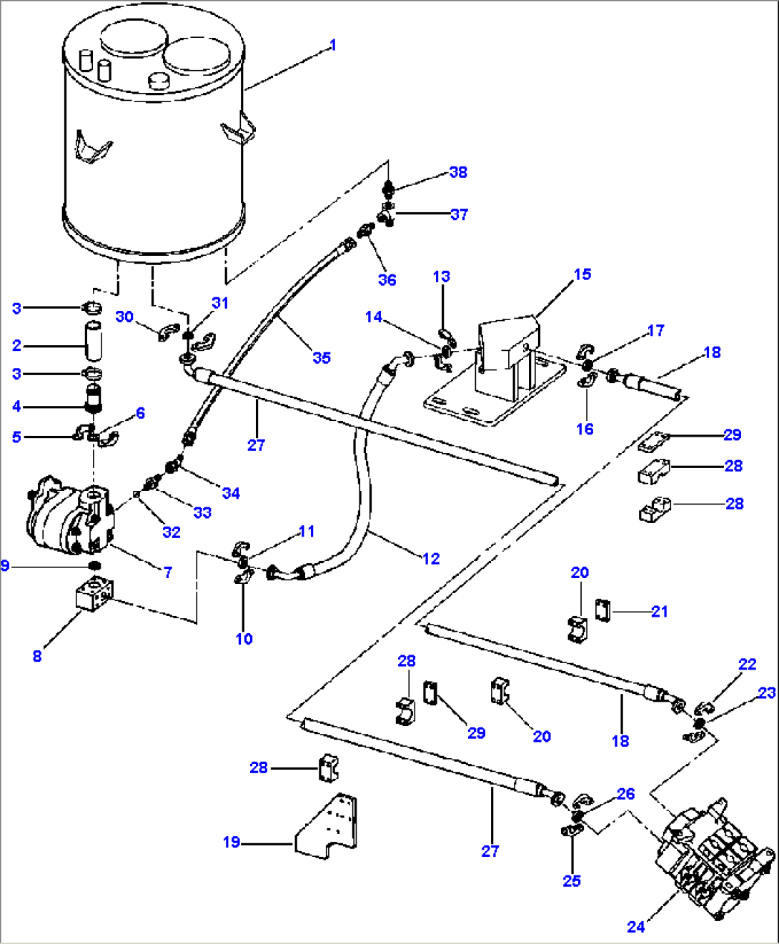 HYDRAULIC PIPING RESERVOIR TO LOADER PUMP TO CONTROL VALVE