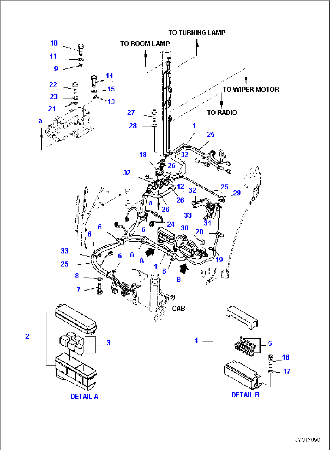CAB, WITH PROPORTIONAL CONTROL LEVER, AUTO DECELERATOR, AIR CONDITIONER, 2-ATTACHMENT, CAB IN PARTS, WIRING HARNESS