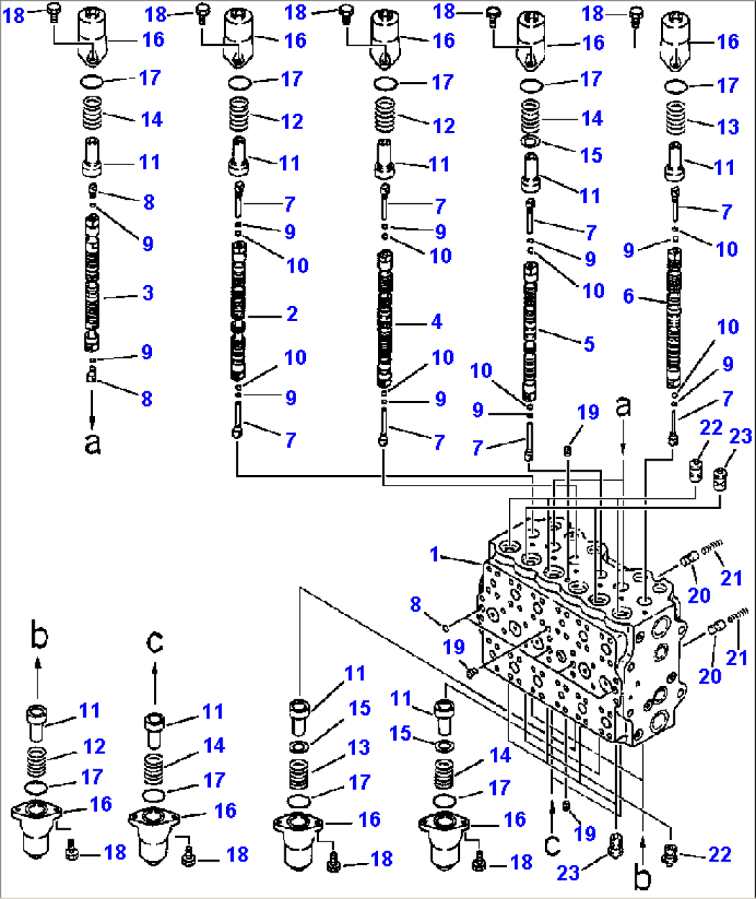 FIG NO. H0120-5201 MAIN VALVE (2/9), VALVE SPOOLS PC200-6 S/N A80001 THRU A80703; PC200LC-6 S/N A80001 THRU A80649