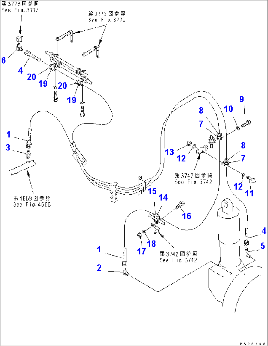 4WD HYDRAULIC PIPING (AXLE COOLING LINE) (1/3) (L.H. AXLE LINE) (4WD SPEC.)