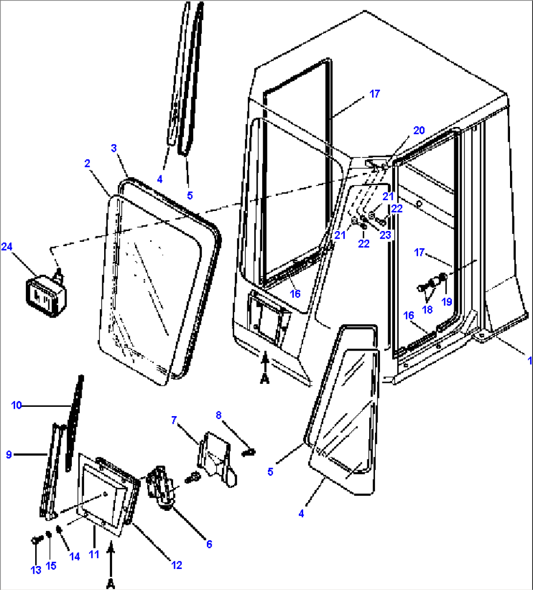 ROPS CAB FRONT GLASS, WIPER, AND LIGHTS - S/N N/A AND UP