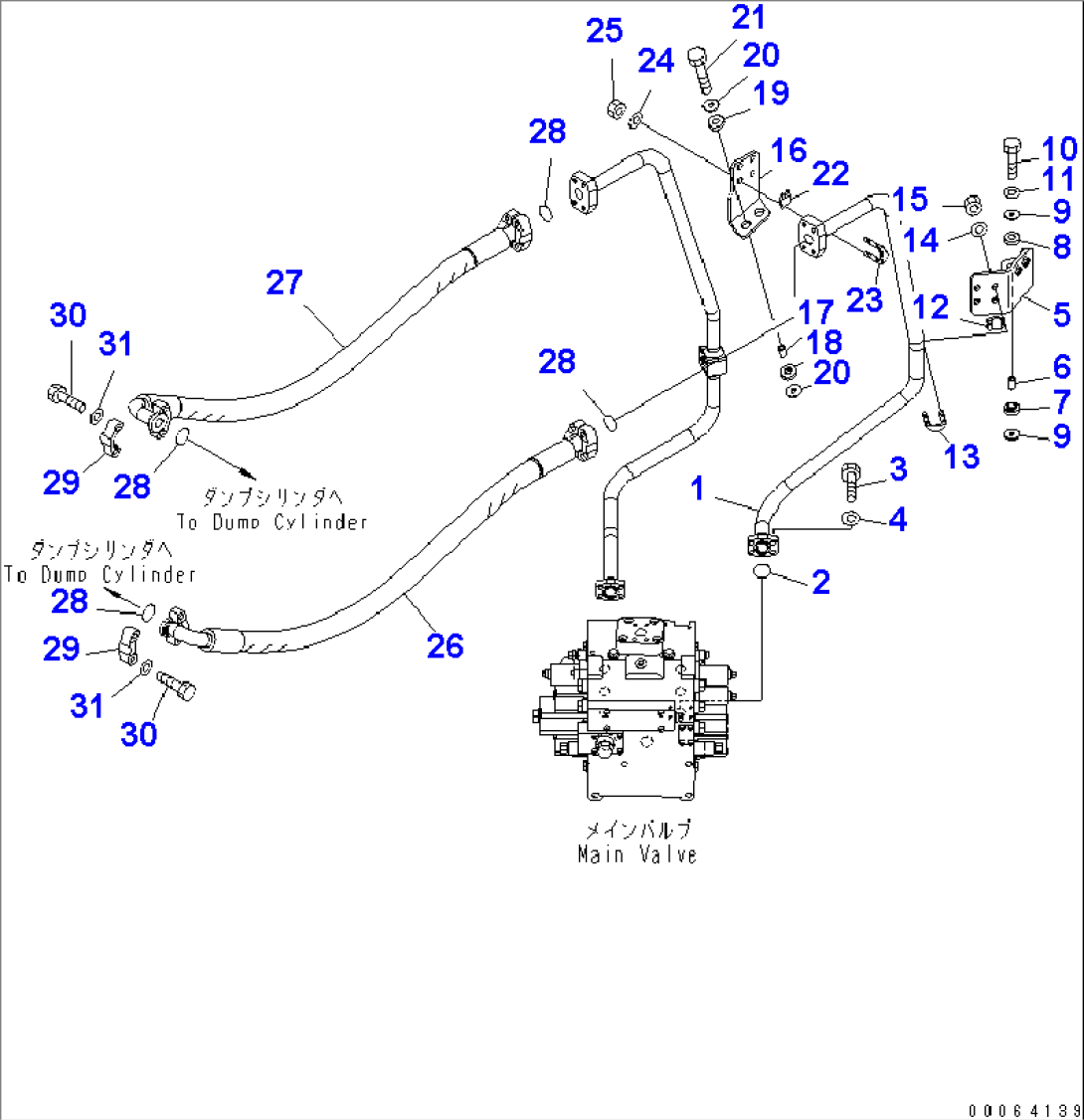 HYDRAULIC PIPING (DUMP CYLINDER HEAD LINE AND PIPING) (FOR 3-SPOOL VALVE)(#55001-)