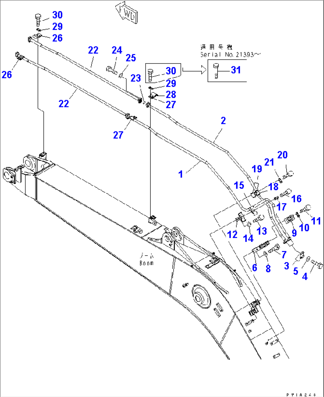 BOOM (5.7M) (BUCKET CYLINDER LINE) (FOR ADDITIONAL PIPING) (BLUE)(#20001-)