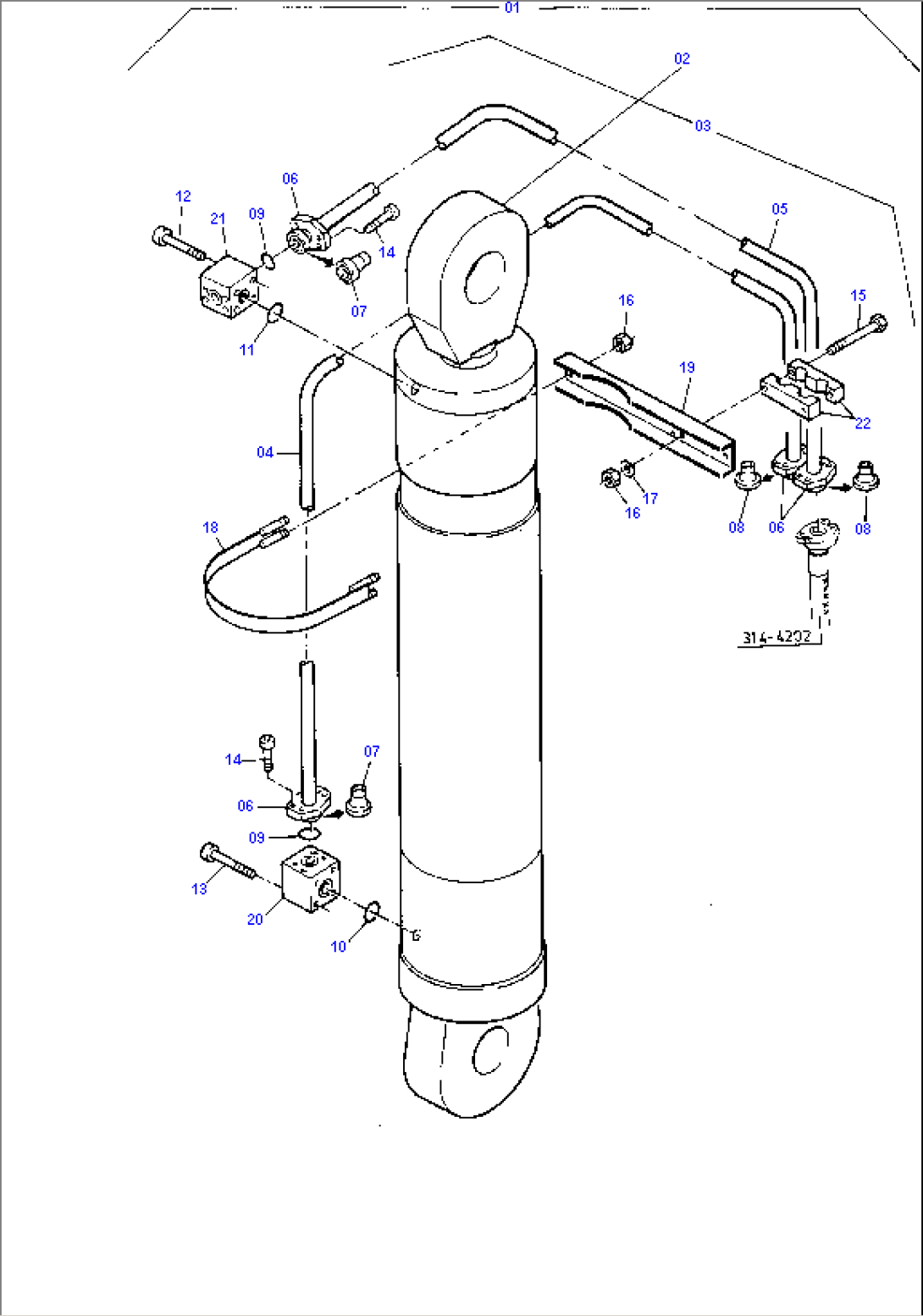 Bullclam Bucket Cylinder with Pipes, R.H.