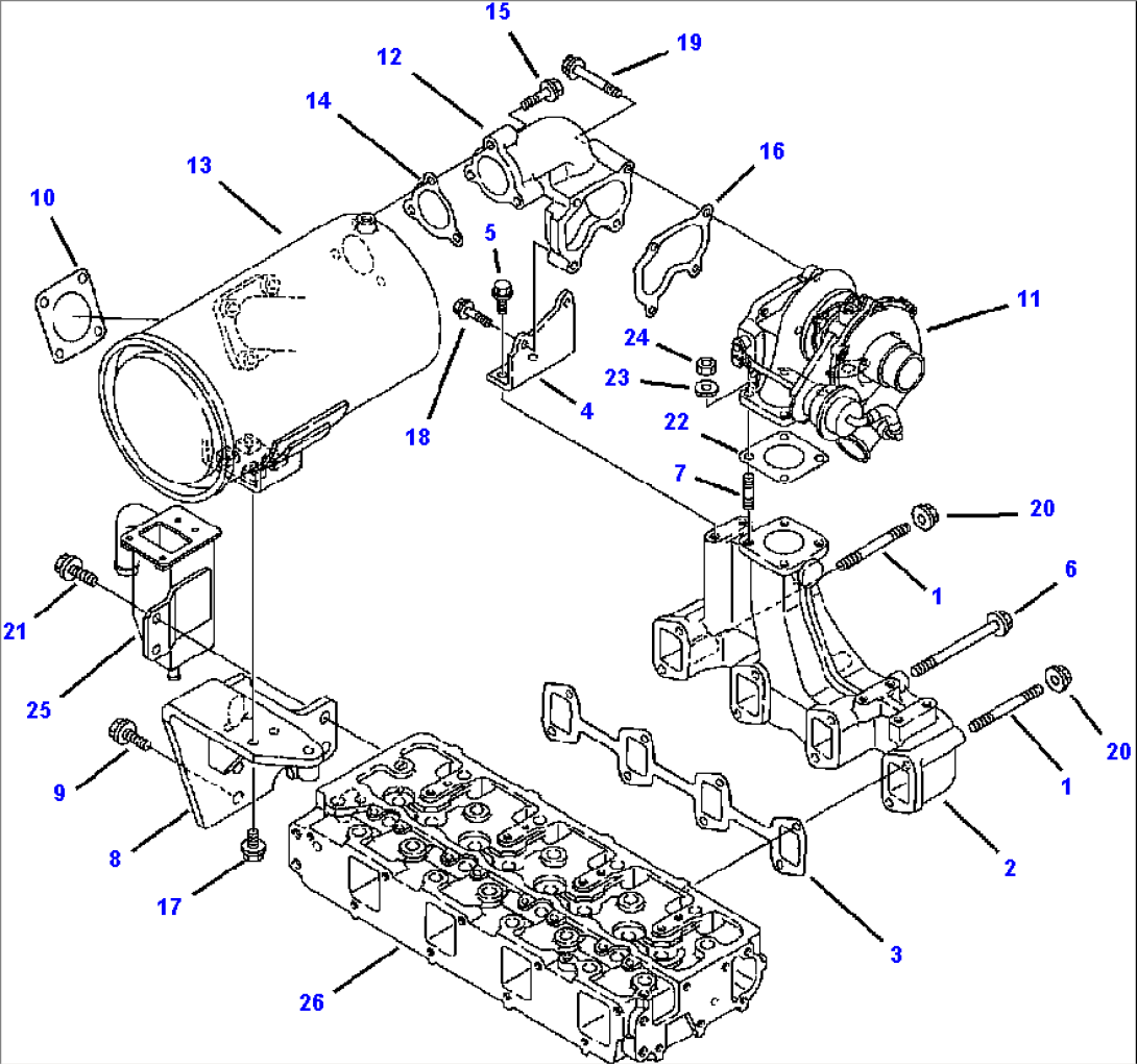 FIG. A0106-01A0 TIER I ENGINE - EXHAUST MANIFOLD, TURBOCHARGER AND MUFFLER