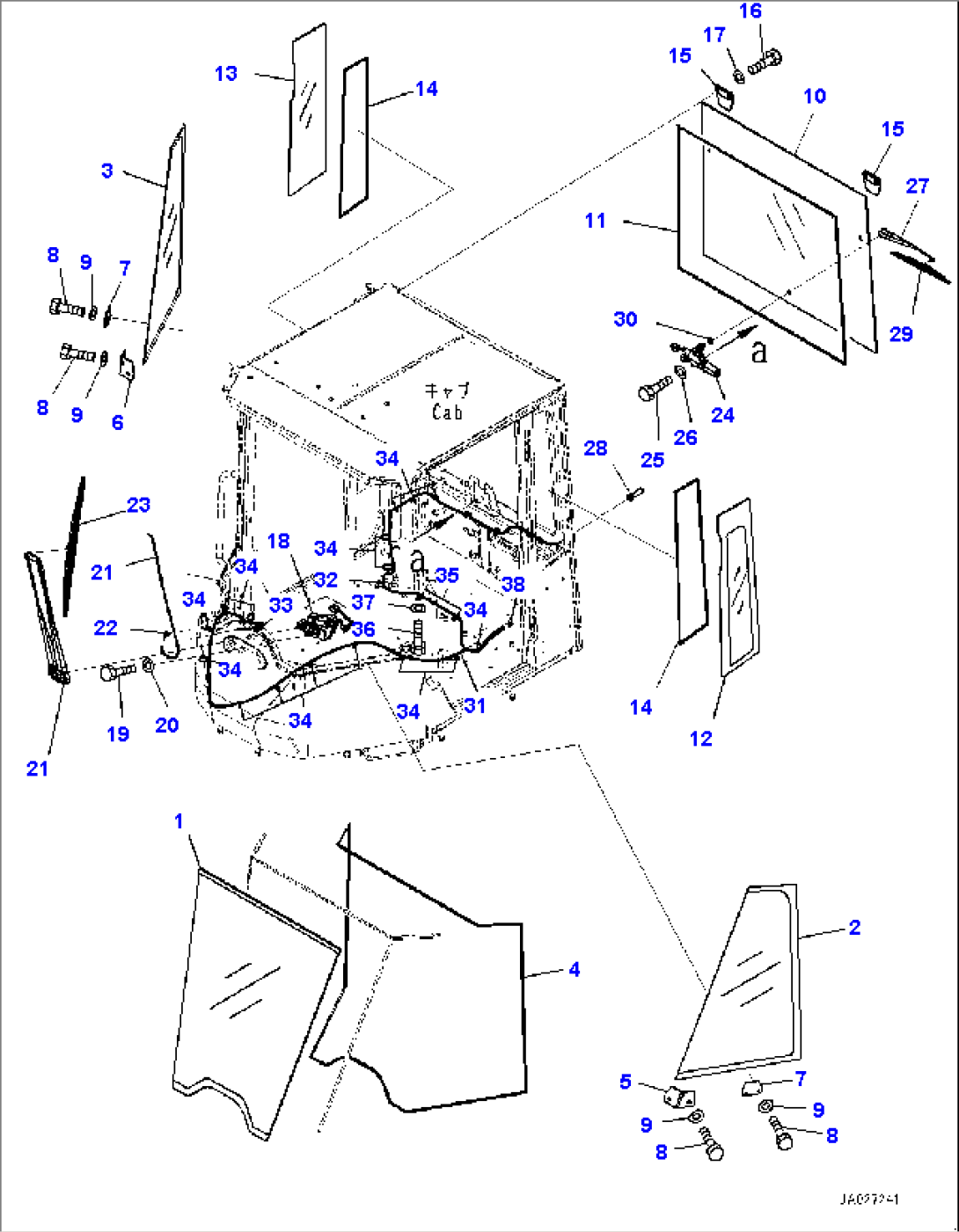 Cab and Cab Floor Group, Glass Window and Wipers (#80001-)