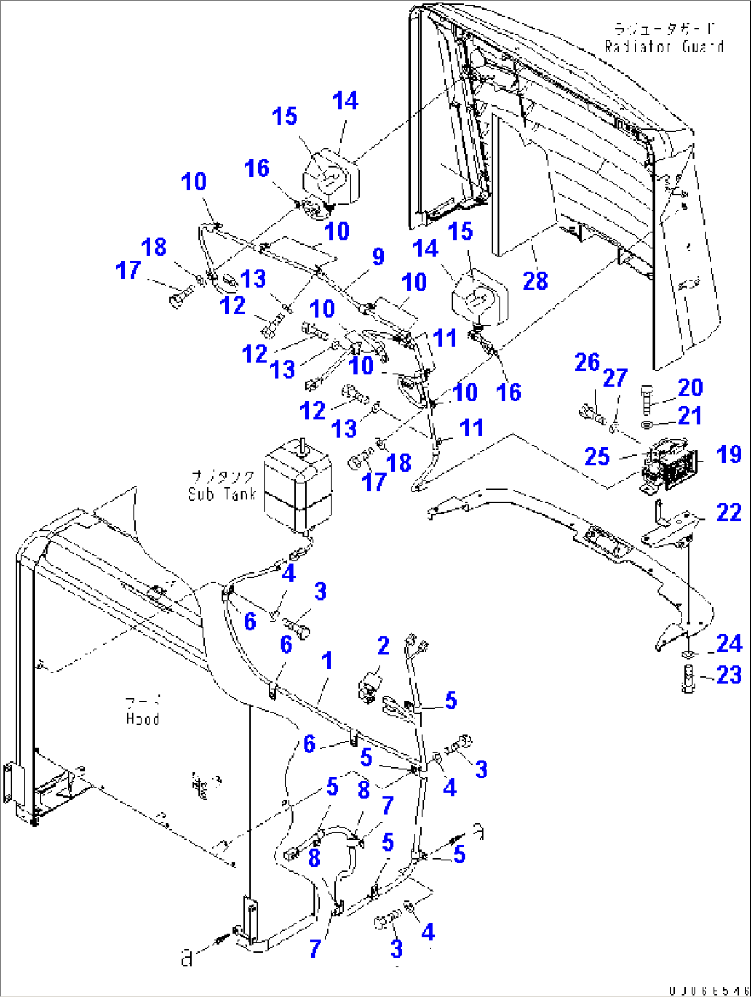 HOOD (RADIATOR GUARD WIRING HARNESS¤ WORK LAMP AND BACK UP ALARM)(#70001-)
