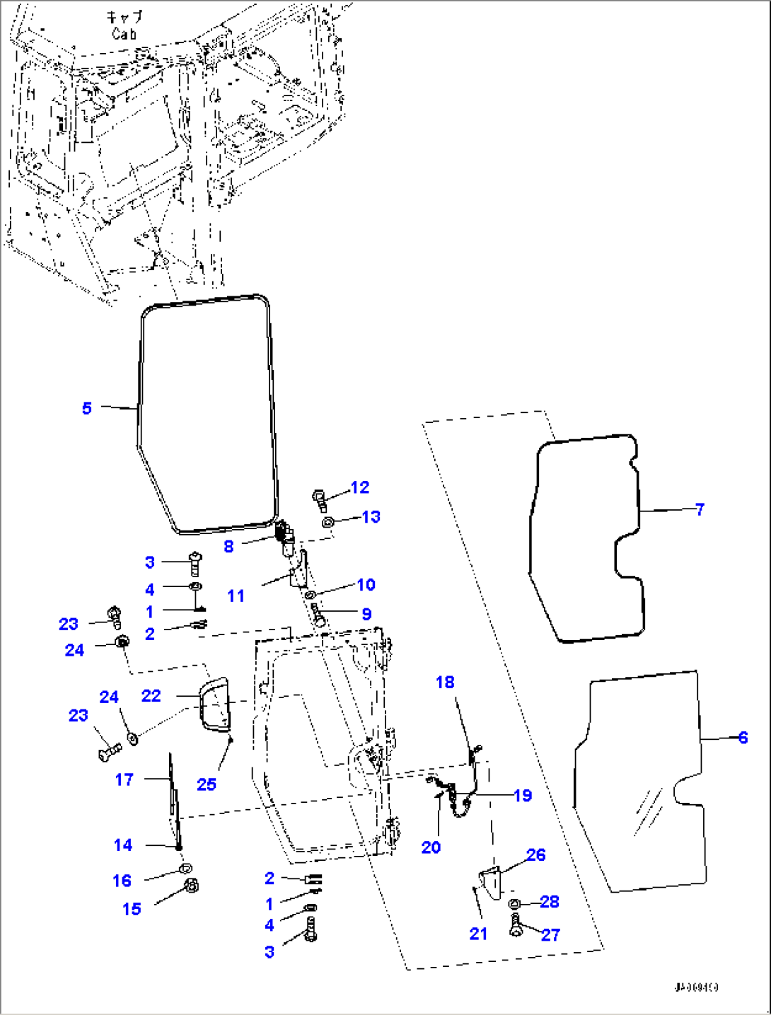 Cab, Door Damper, Window and Wiper, L.H. (#30001-)