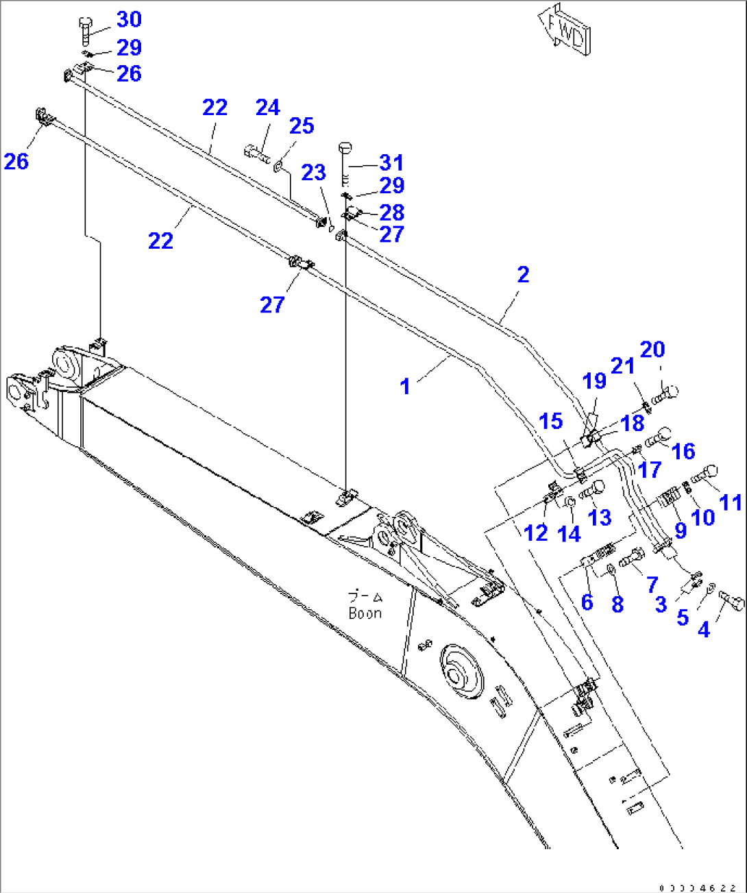 BOOM (5.7M) (BUCKET CYLINDER LINE) (FOR ADDITIONAL PIPING) (YELLOW)