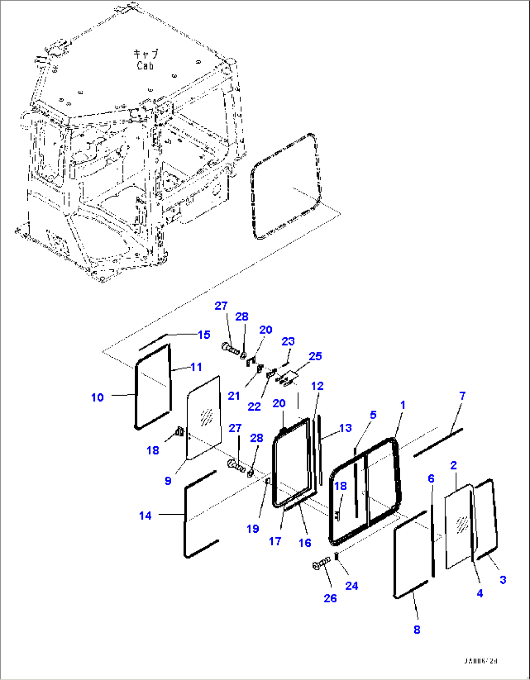 ROPS Cab, Sash type Glass Window, L.H. (#1001-)