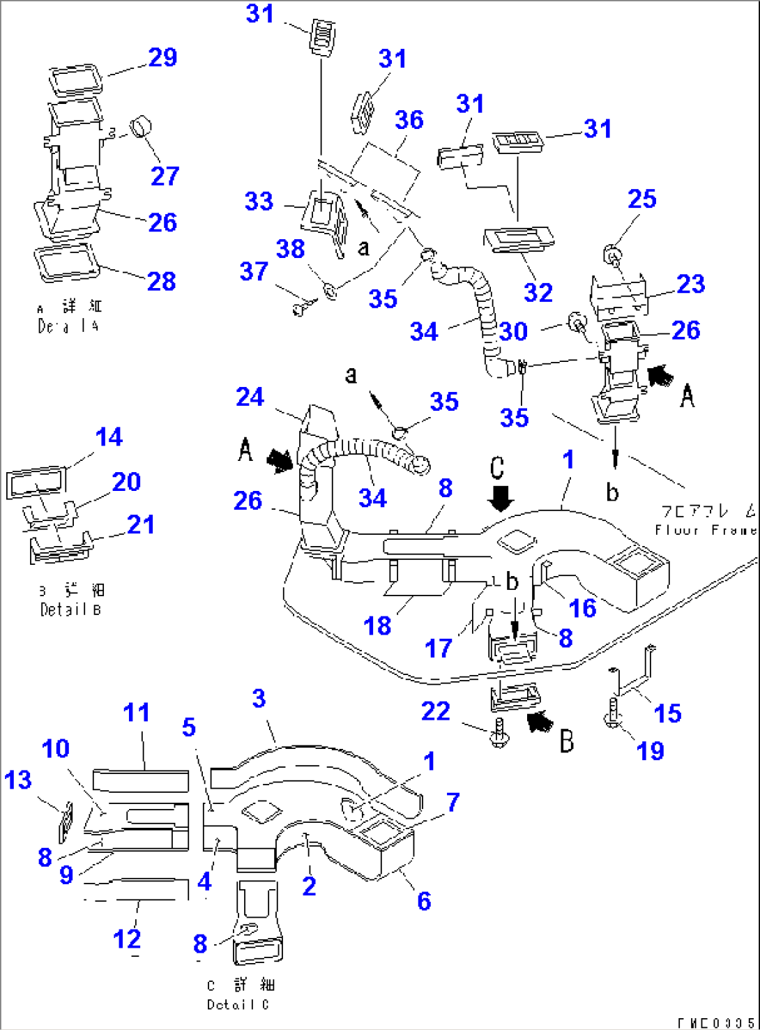 CAR HEATER RELATED PARTS (PUSH CONTROL TYPE) (3/5) (AIR DUCT AND DEFROSTER)(#50001-)