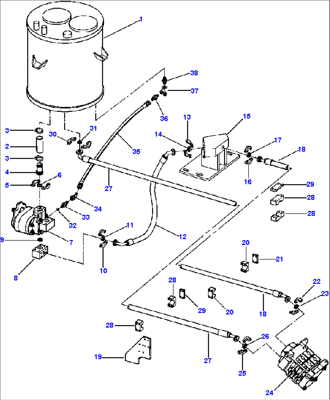 HYDRAULIC PIPING RESERVOIR TO LOADER PUMP TO CONTROL VALVE