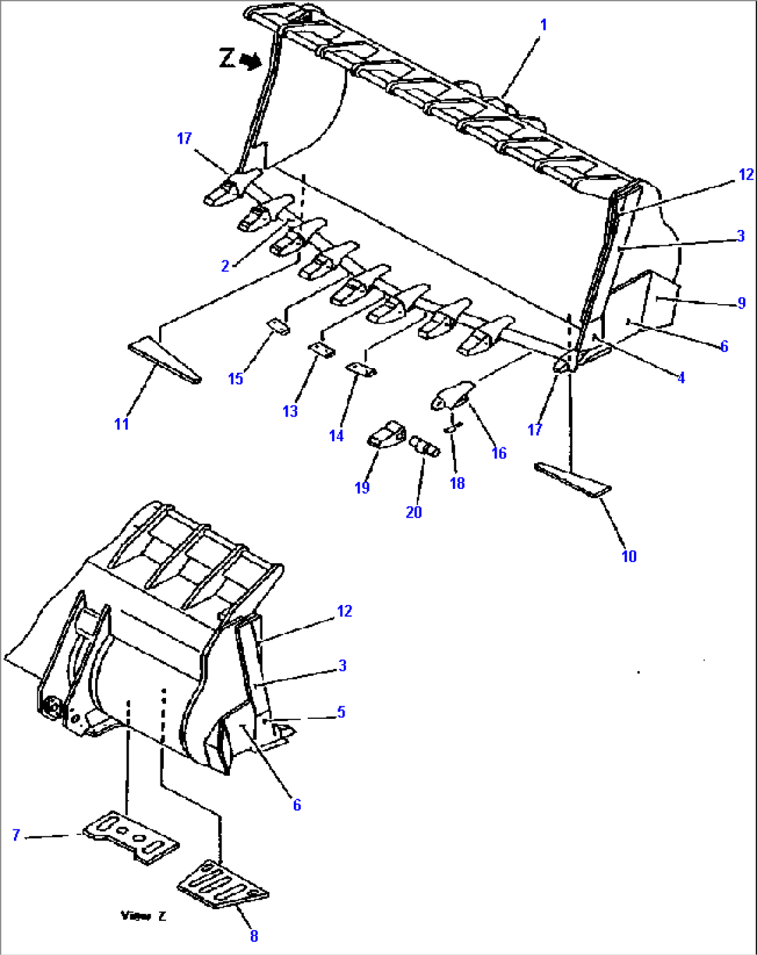 FIG NO. 7297 BUCKET, 9.5M3 (SPADE NOSE) (WITH TOOTH) (HEAVY DUTY) (FOR HIGH LIFT)