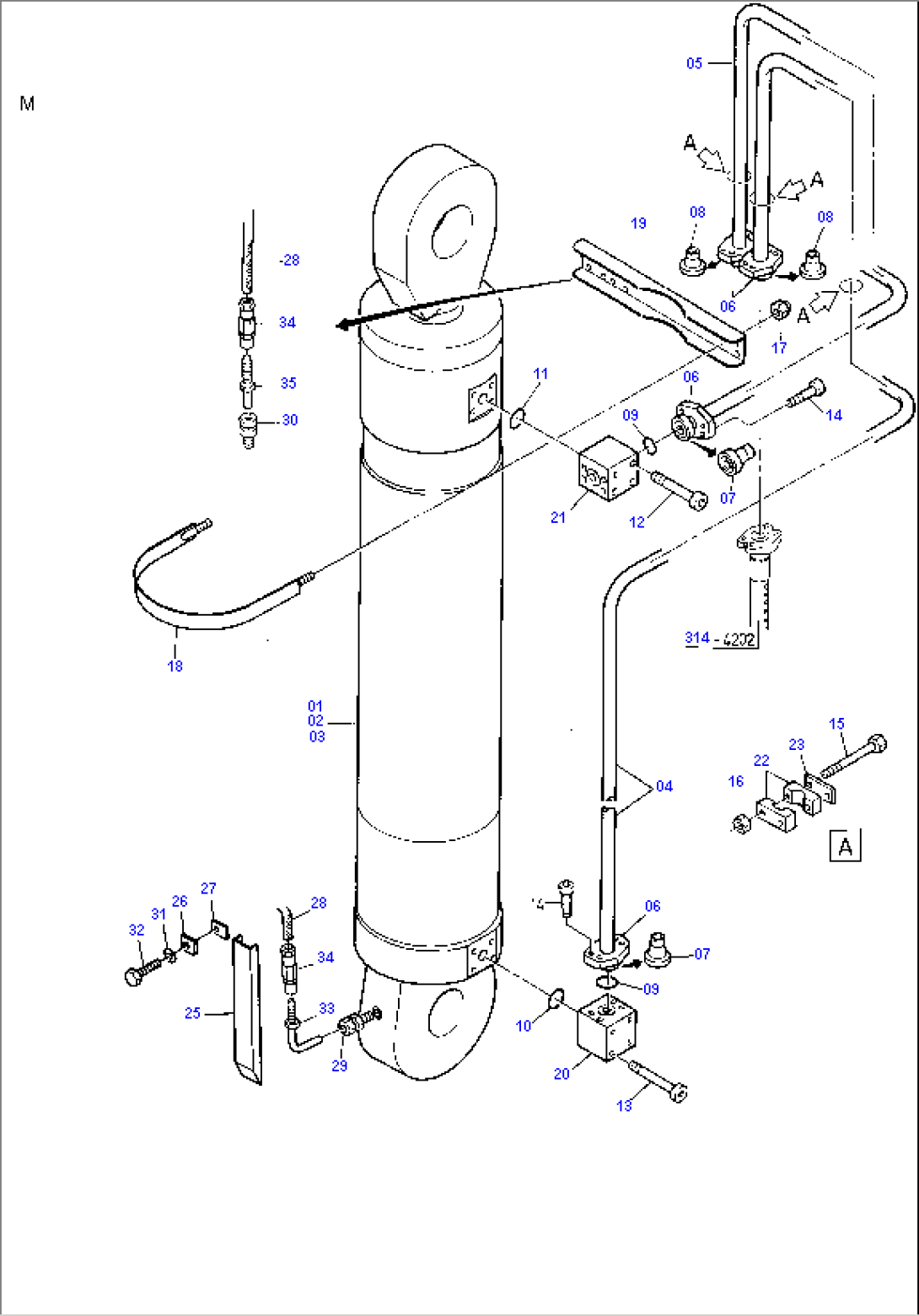 Bullclam Bucket Cylinder with Piping, l.h.