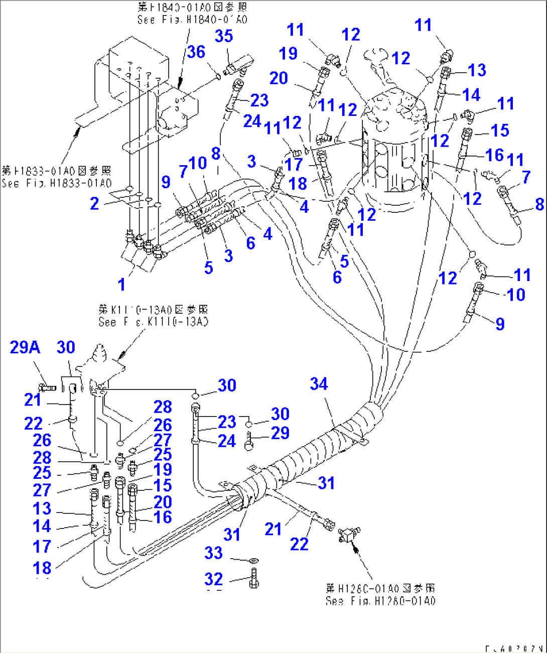 HYDRAULIC PIPING (WORK EQUIPMENT CONTROL¤ R.H.) (FOR LONG LEVER CONTROL) (MULTI PATTERN)(#6001-7739)