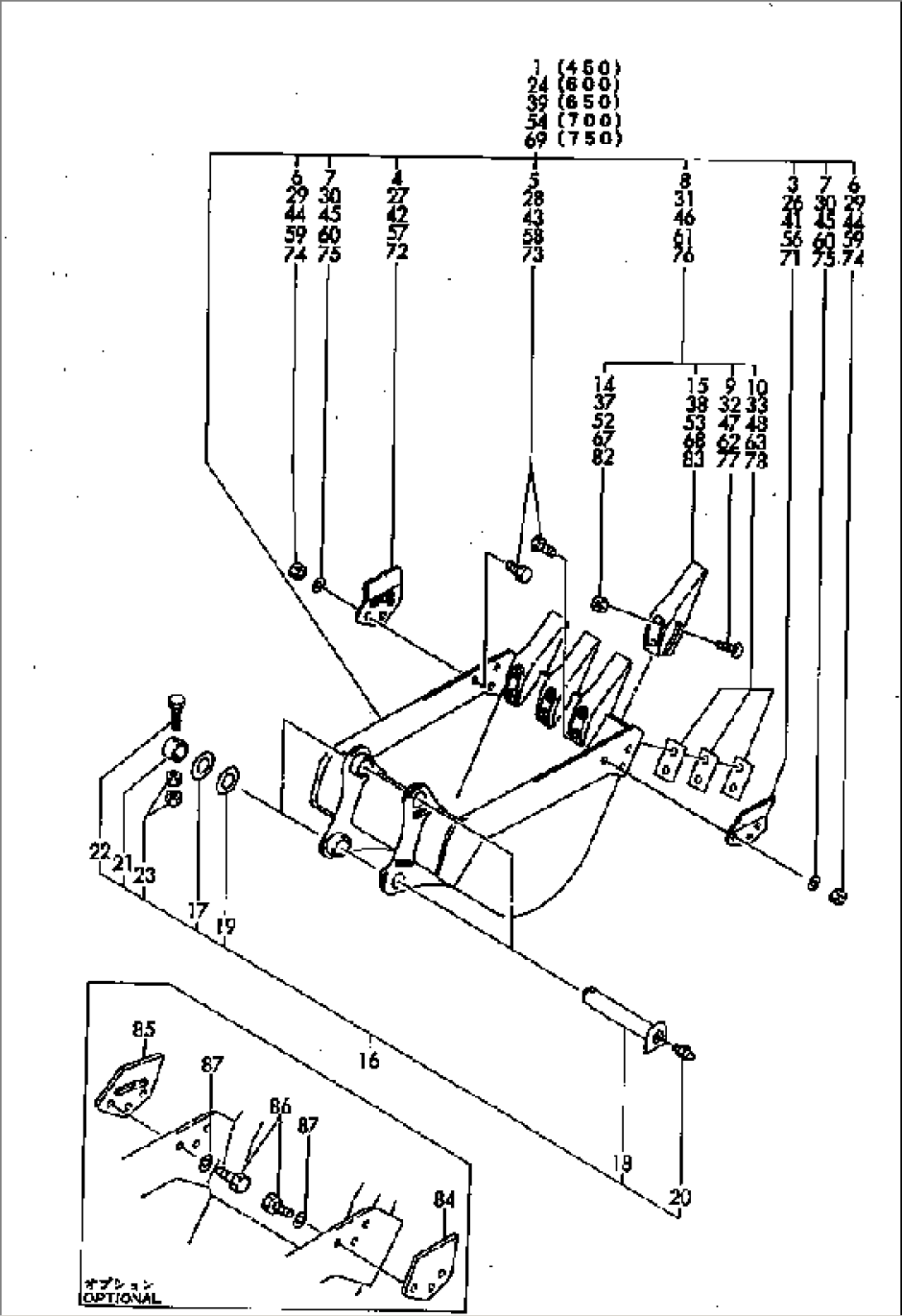 BUCKET (TOOTH BOLT ON TYPE) (FOR ATTACHMENT) 0.09M3 - 0.16M3 WIDTH 450¤600¤650¤700 AND 750MM(#10001-11000)