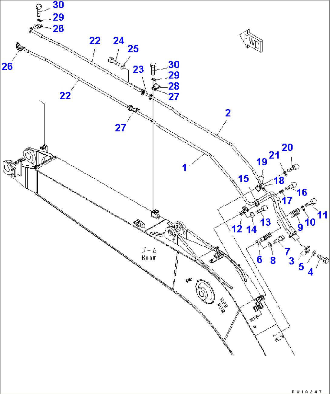 BOOM (5.7M) (BUCKET CYLINDER LINE) (BLUE)(#20001-)