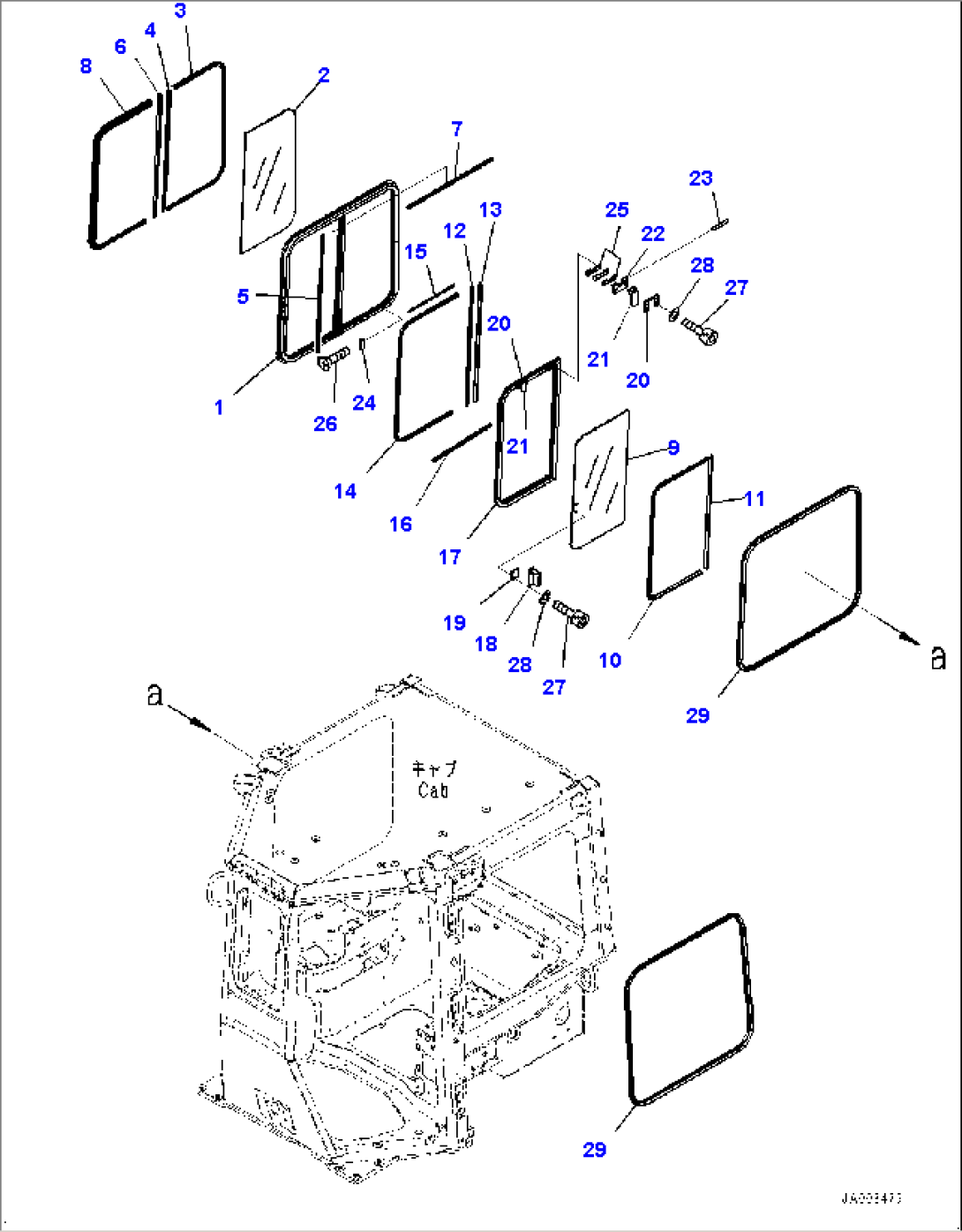 ROPS Cab, Sash type Glass Window, R.H. (#1001-)