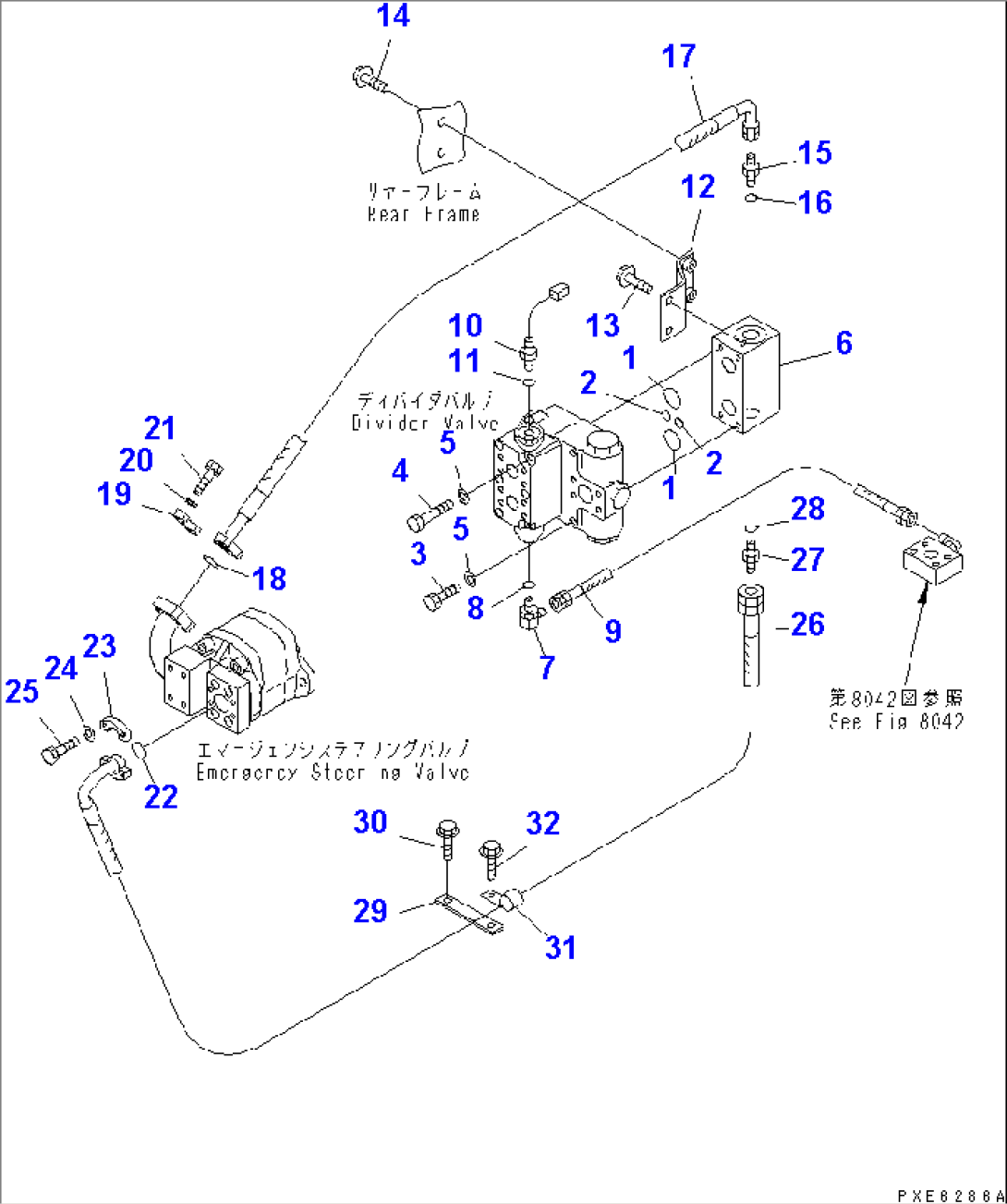 EMERGENCY STEERING (HYDRAULIC PIPING) (EMERGENCY STEERING PUMP TO DIVIDER VALVE) (FOR 4-SPEED TRM.)(#50001-)